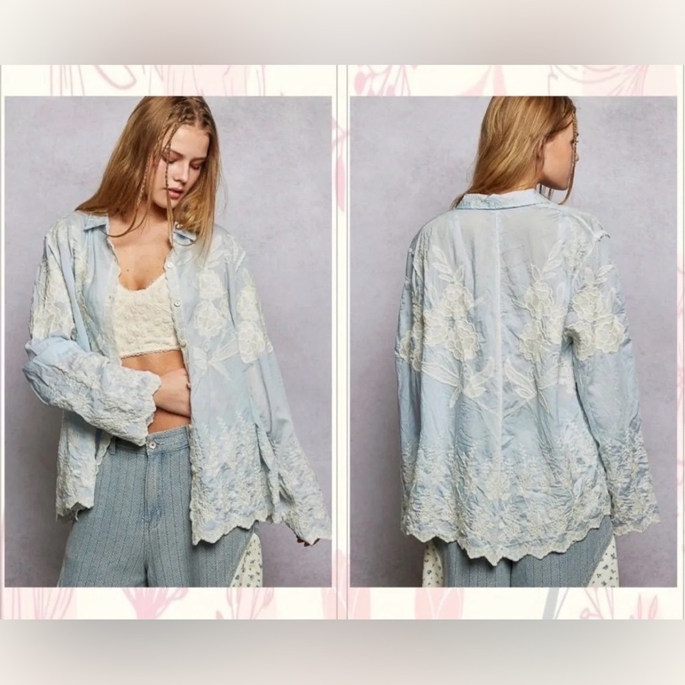 New POL Light Blue Lace Embroidered Shacket button up Top